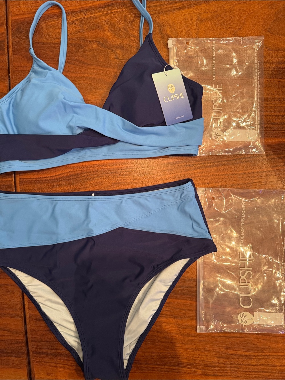 Blue Colorblock Scoop Neck Bikini Top & High-Waisted Bottoms Set by Cupshe